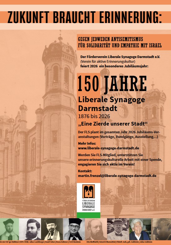Offizielles Jubiläumsplakat des FLS: 150 Jahre Liberale Synagoge Darmstadt 1876-2026