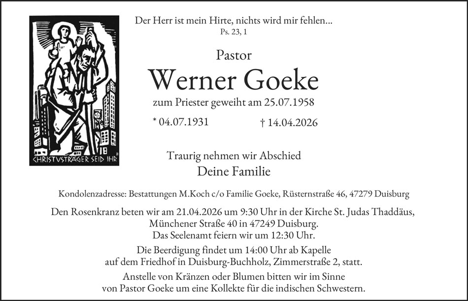 Traueranzeige Pastor Werner Goeke