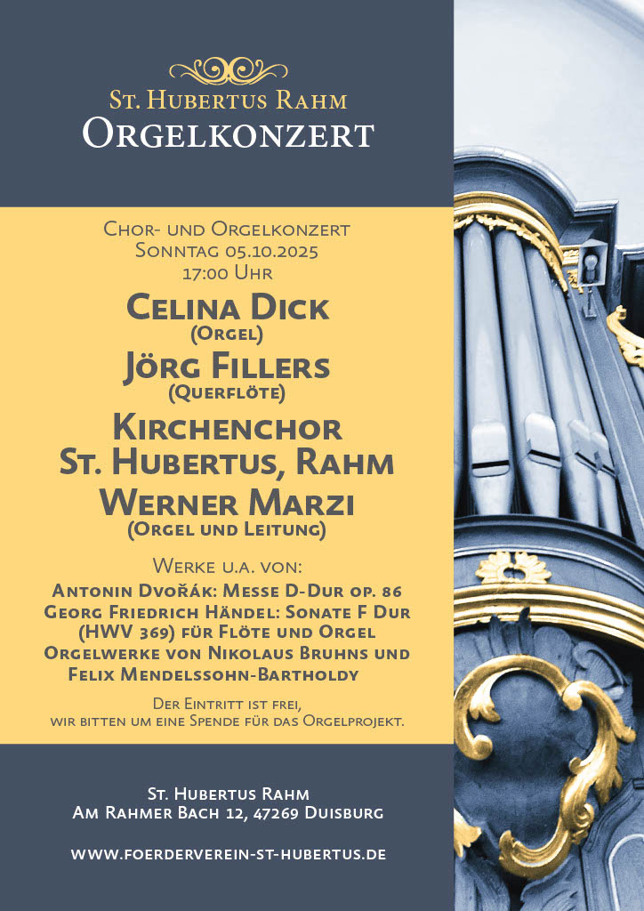 Chor- und Orgelkonzert am Sonntag, 5. Oktober 2025, 17 Uhr, in der Kirche St. Hubertus, Duisburg-Rahm