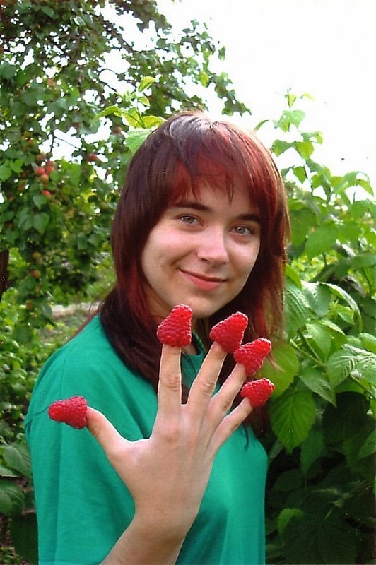 Дочка  демонстрирует ягоды  малины  сорта Феномен.