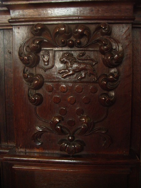 As part of the rebuild, pews with doors were added in the chancel and in the chancel, private pews were made for the lord and his family. Sir J.B. Bart (ie. Sir John Bridgeman, Baronet) can be seen on the inside of the doors. 