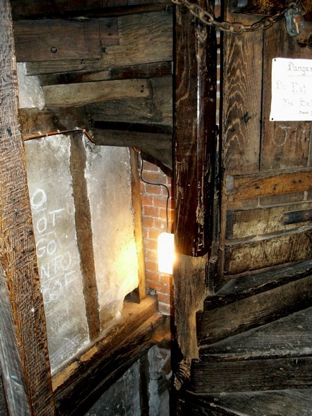 The tower staircase seems to have been constructed as an afterthought after the completion of t he tower. Medival timber has been used, presumably left over from the 18th-century rebuilding.