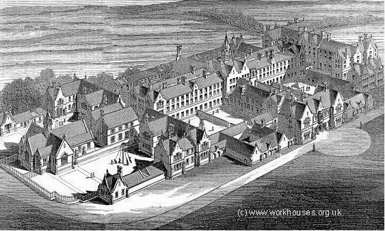 Architect's bird's-eye view of Birmingham Workhouse c1852 designed by J J Bateman. Image from the Workhouses website used with the permission of Peter Higginbotham. 'All Rights Reserved'. 