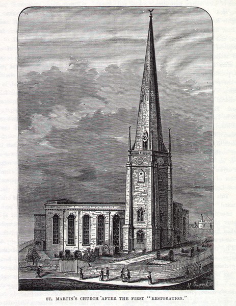 St Martin's Church reproduced with permission from a scan of R K Dent 1880 'Old & New Birmingham' by sally_parishmouse on flikr. See Acknowledgements for a direct link to Sally Lloyd's Parishmouse website.