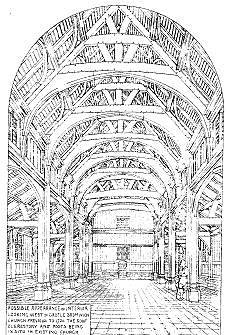 The interior of the medieval church as conjectured by Bateman. The pillars and roof timbers are still in place within the present building. 