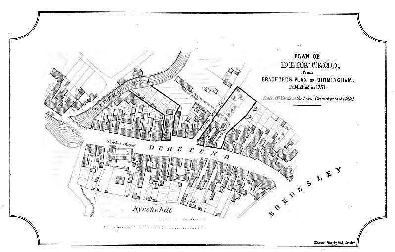 Bradford's map of Deritend in 1751. Digbeth lies west of the River Rea. Image from Toulmin Smith 1863 Memorials of Old Birmingham, work in the public domain. 