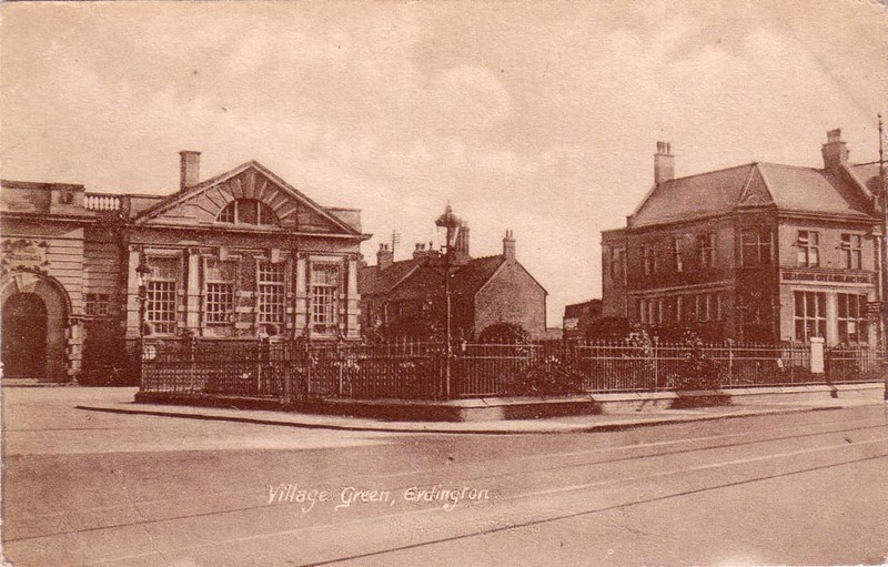 Erdington village green and Library - date unknown. Grateful thanks and acknowledgements for the use of this postcard to JKC on the Birmingham History Webring Forum. See Acknowledgements for a link to that site.