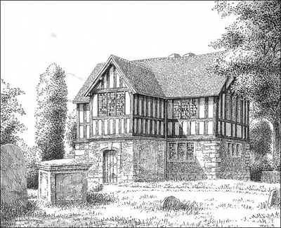Kings Norton Old Grammar School 1947. Thanks for the use of this image to E W Green, Historic Buildings in Pen & Ink - The Work of William Albert Green. See Acknowledgements.