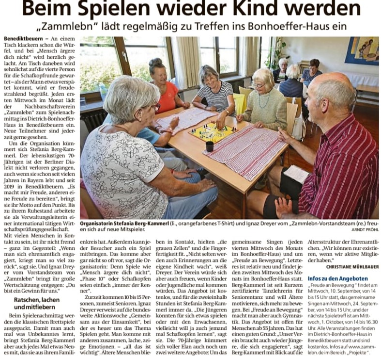 Bericht von Christiane Mühlbauer im Tölzer Kurier über die regelmäßigen Veranstaltung von Zammlebn im Bonhoefferhaus vom 8. Sept. 2025