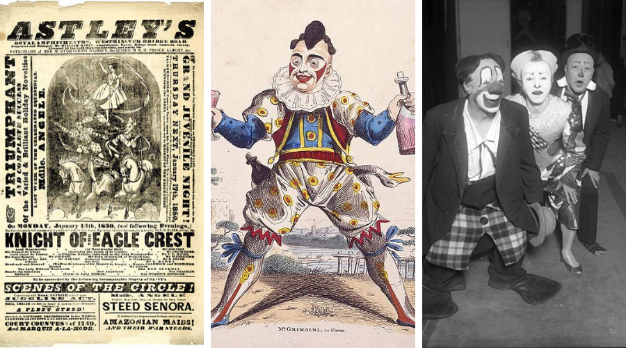 1. flyer of the first equestrian circus 2. Joey Grimaldi 3. Trio Fratellini