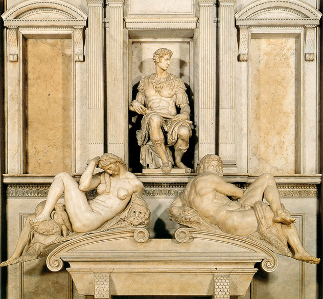 Michelangelo Buonarroti, Tomba di Giuliano de' Medici: La Notte e il Giorno, Scultura in marmo, Sacrestia Nuova di San Lorenzo, Firenze
