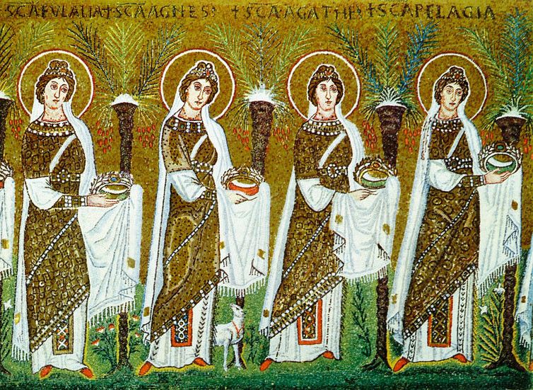 Teoria delle vergini, Mosaico, VI sec. d.C., Basilica di Sant'Apollinare Nuovo (Ravenna)