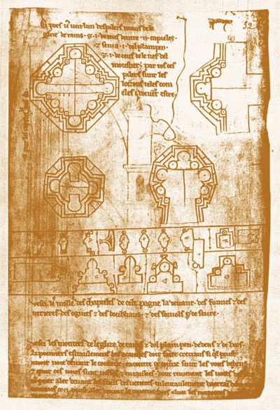 Villard de Honnecourt, Taccuino dei disegni: taglio delle modanature, Disegno su carta, 1000 c., Bibliothéque Nationale (Parigi)