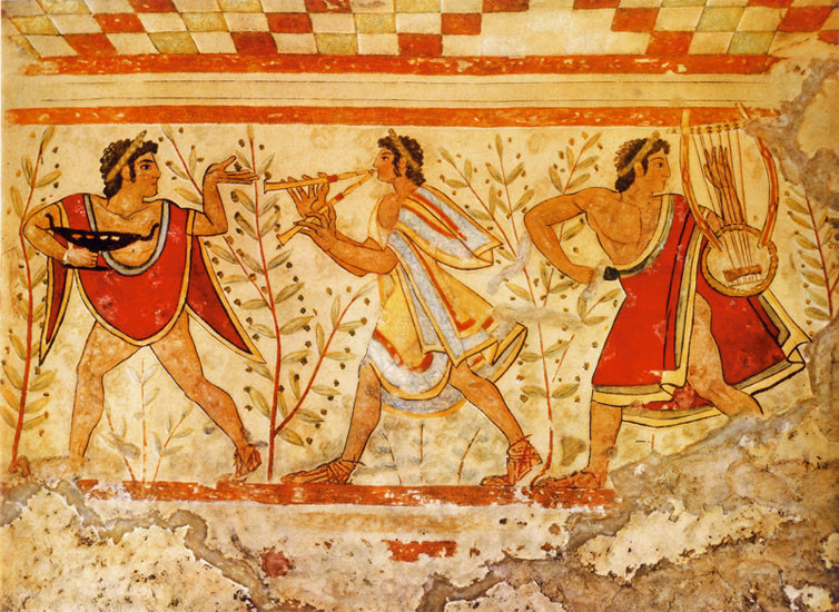 Tomba dei Leopardi: scena di banchetto con coppiere e due suonatori, Pittura murale, 500 a.C. ca, Necropoli (Tarquinia)