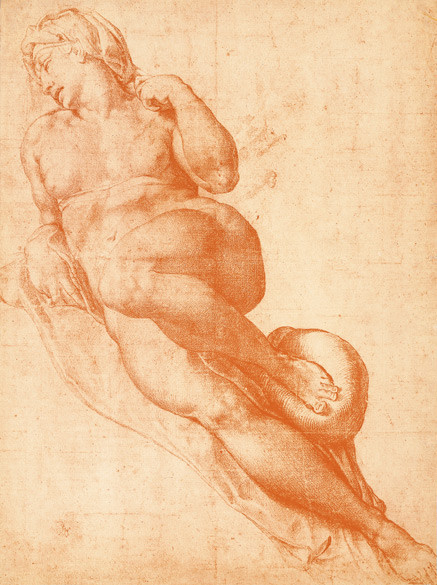 Michelangelo Buonarroti, Aurora (studio per la statua), Disegno a sanguigna, British Museum, Londra