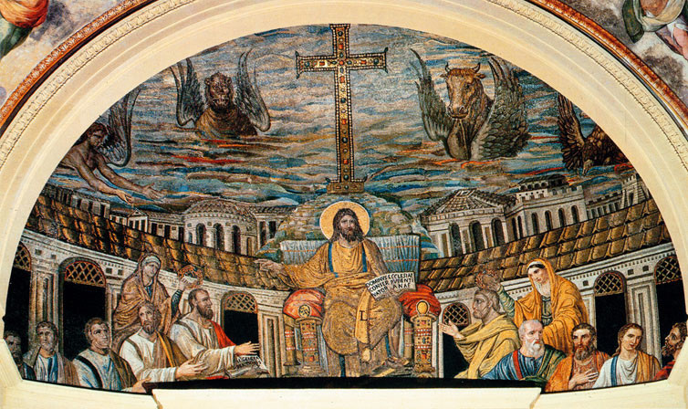 Cristo tra gli apostoli nella Gerusalemme Celeste, Mosaico, Fine IV sec. d.C., Basilica di Santa Prudenziana (Roma)