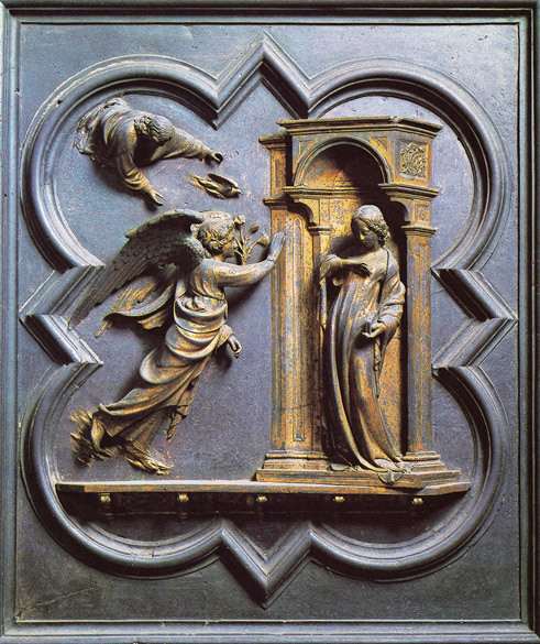 Lorenzo Ghiberti, Annunciazione, Bronzo dorato, 1403-24, Battistero di San Giovanni: portale nord, Firenze