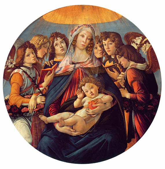 Sandro Botticelli, Madonna con il Bambino e sei Angeli - Madonna della melagrana, Tempera su tavola, 1487, Galleria degli Uffizi, Firenze