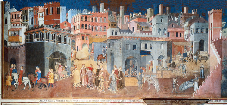Ambrogio Lorenzetti, Effetti del Buon Governo in città e in campagna, Affresco, 1339 d.C., Palazzo Pubblico (Siena)