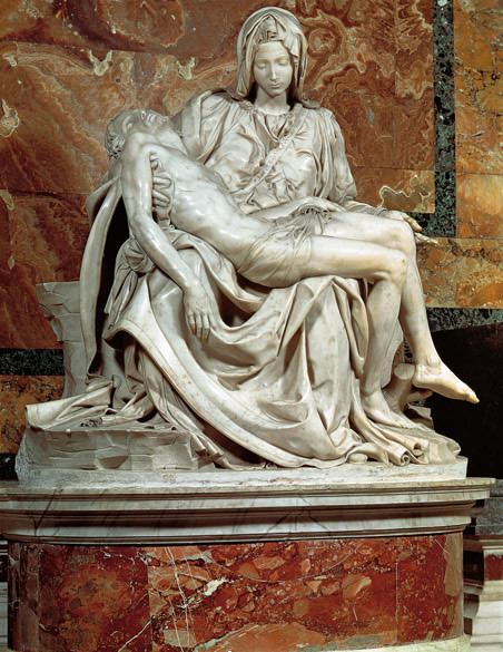 Michelangelo Buonarroti, Pietà, Scultura a tutto tondo in marmo, 1498-99, Basilica di San Pietro, Roma