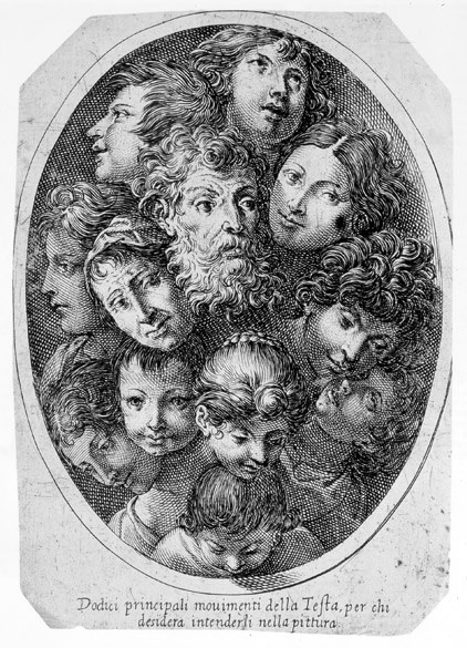Giovanni Luigi Valesio, Dodici principali movimenti della testa per chi desidera intenderli nella pittura, Bulino e acquaforte, 1606 ca., Roma