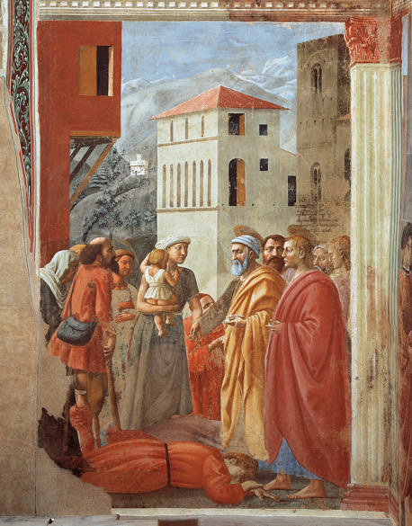 Masaccio, La distribuzione dei beni e la morte di Anania, Affresco, 1427, Santa Maria del Carmine: cappella Brancacci, Firenze