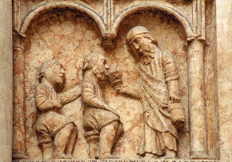 Benedetto Antelami, Le opere di Misericordia: dar da bere agli assetati, Scultura in marmo, XIII sec. d. C., Battistero (Parma)