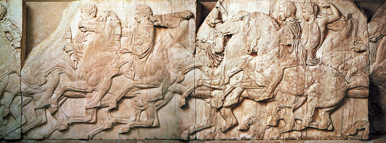 Fidia, Partenone: processione in onore di Athena (part.), Scultura a rilievo in marmo, seconda metà V sec. a.C., Museo dell'Acropoli (Atene)