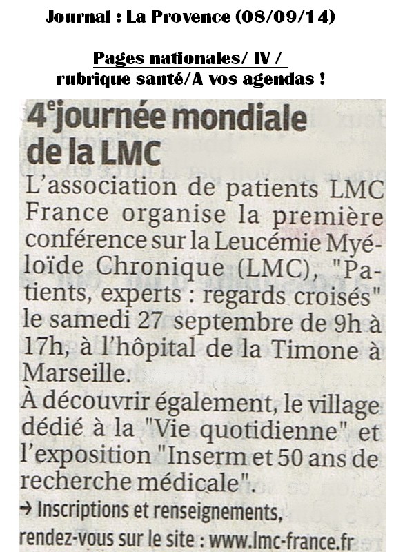 " Patients - Experts : regards croisés ": Samedi 27 Sept 2014 - Conférence LMC France - Marseille - Timone