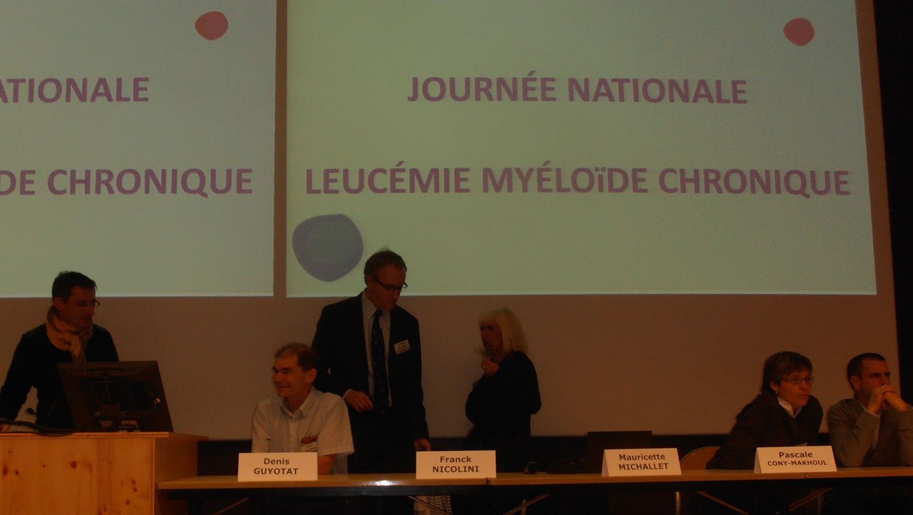 Les Dr Denis GUYOTAT et Franck NICOLINI, le Pr. Mauricette MICHALLET, les Dr Pascale CONY-MAKHOUL et Eric HERMET - Journée Patients FiLMC Lyon