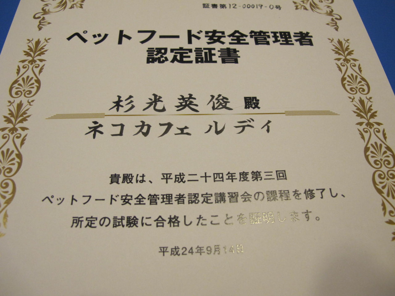 ペットフード安全管理者合格 ネコチャンと遊ぶコミュニティスポットNecocafeRUDY