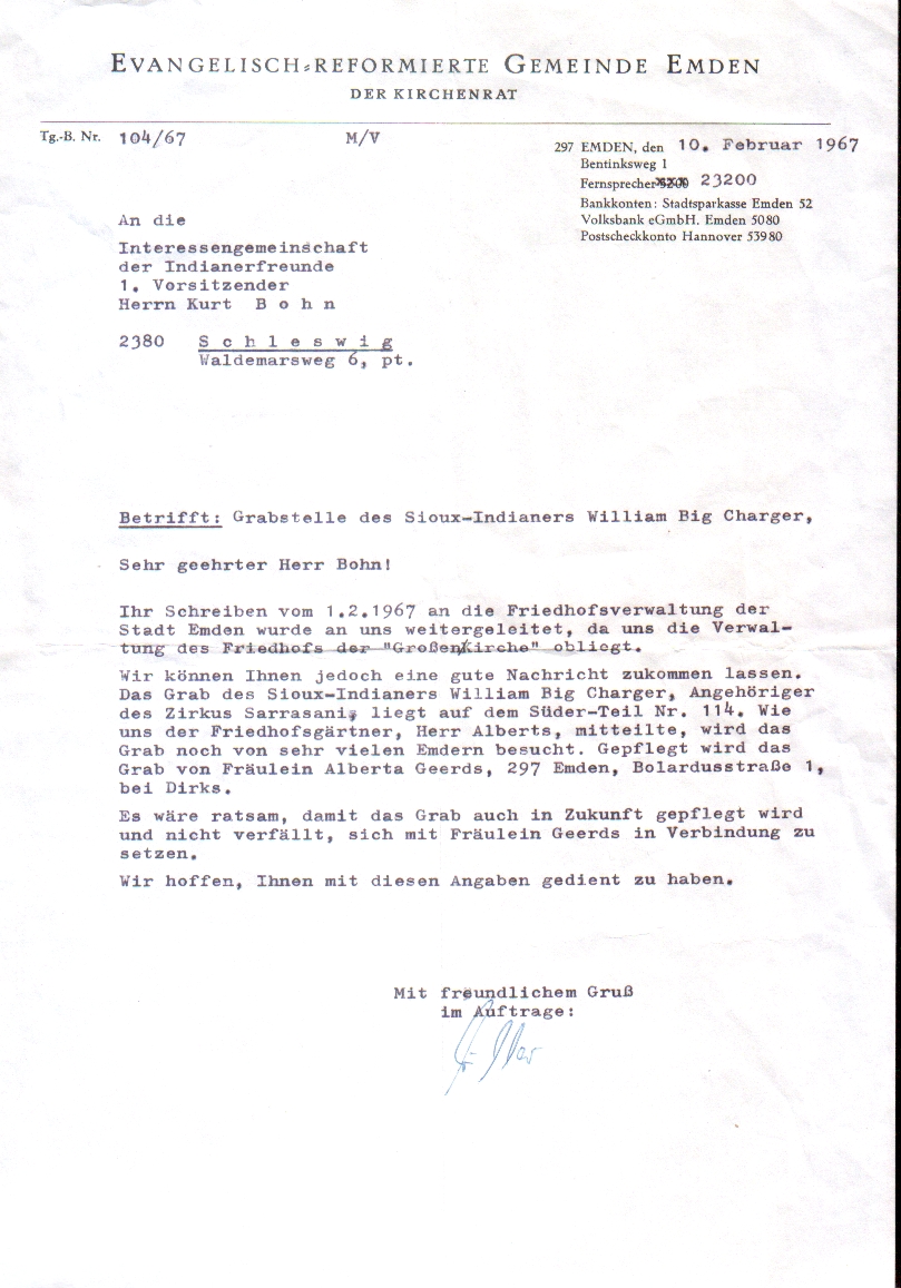 Brief an Herrn Kurt Bohn zur Grabstätte von W. Big Charger (02/1967) vom Kirchenrat Emden