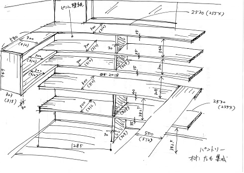 パントリー棚の造作は、北海道札幌市の工務店、いざなみ宅建。