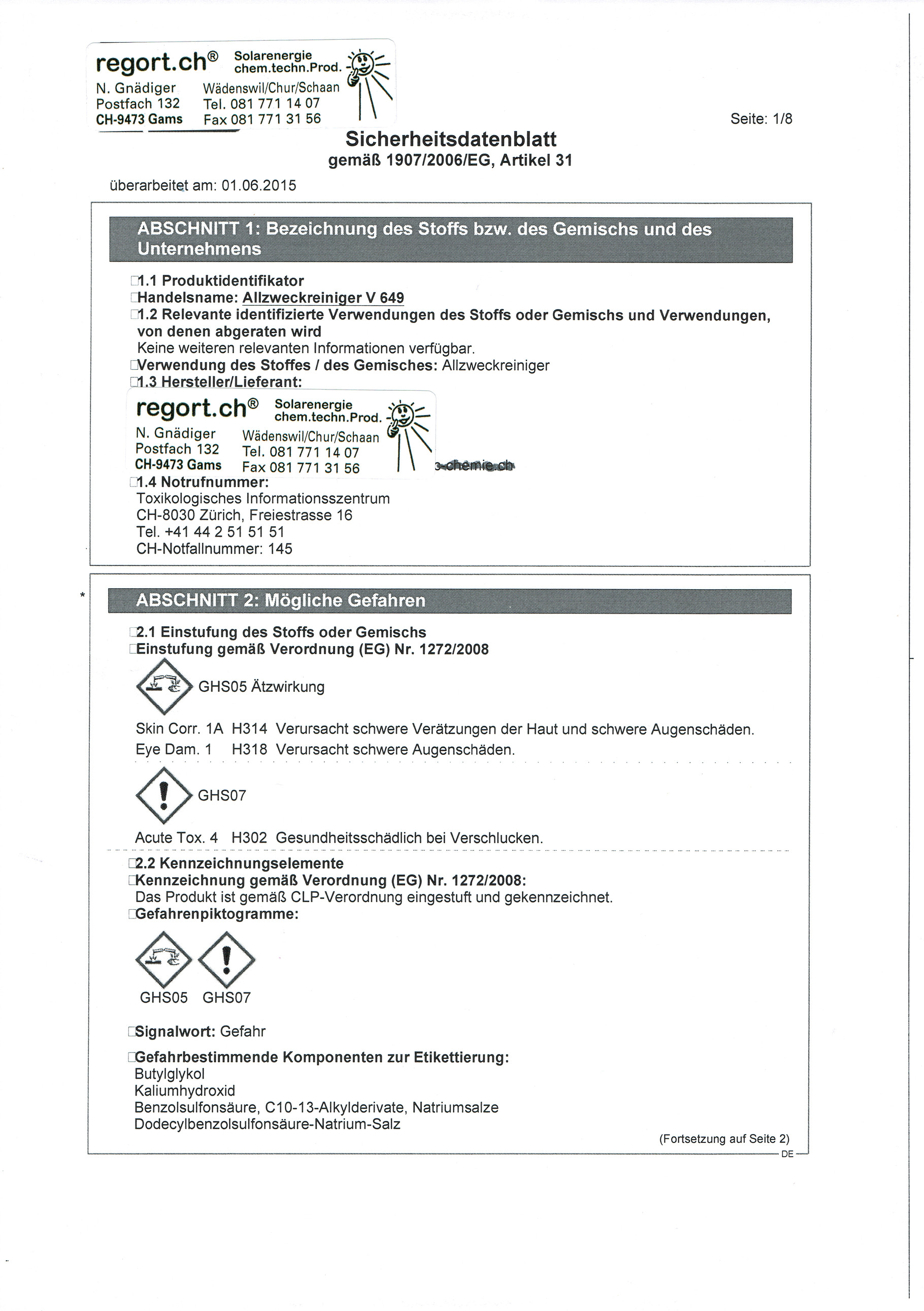 Sicherheitsdatenblatt Allzweckreiniger REGORT Reinigungsmittel und