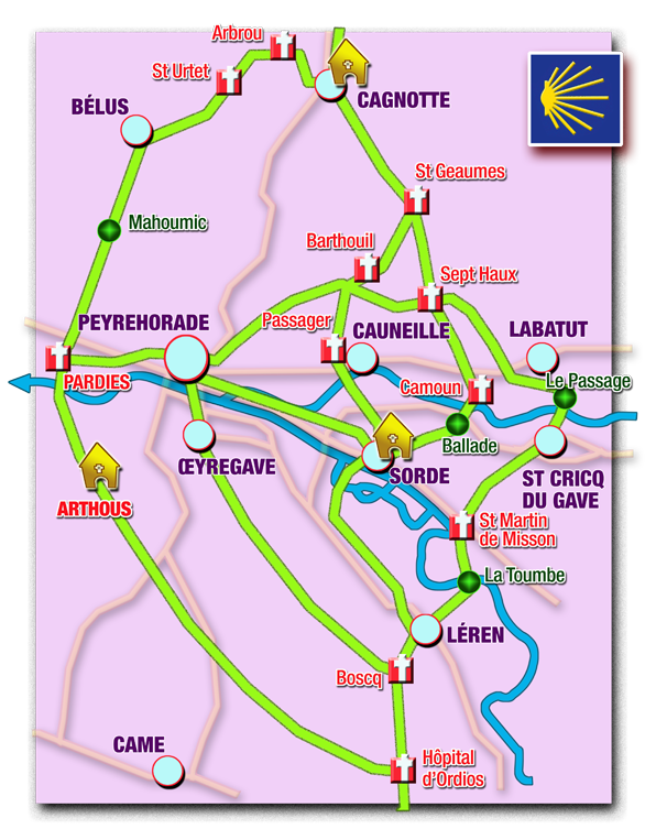 orthe, peyrehorade, landes, aquitaine, sorde l’abbaye, hastingues, port de lanne, arthous, cagnotte, cauneille, labatut, barthe, radelage, belus, st lon, orist, siest, compostelle, st jacques