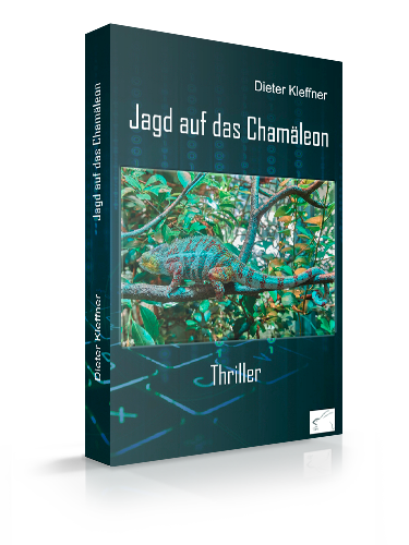 Fotomontage des Paperback-Buchtitels „Jagd auf das Chamäleon"