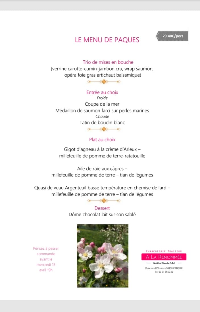 Menu de Pâques A La Renommée Charcutier Traiteur à Cambrai (59)