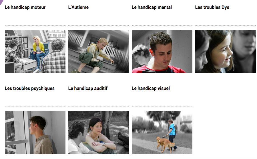  Le handicap moteur L’Autisme, Le handicap menta,l Les troubles Dys, Les troubles psychiques, Le handicap auditif, Le handicap visuel