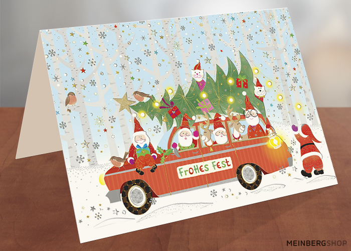 Auto mit Weihnachtsmännern Frohes Fest