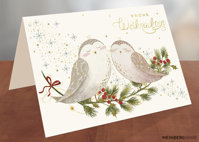 Weihnachtskarte zwei Eulen auf Ast 