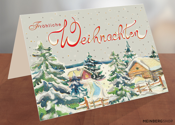 Holzhäuser im Schnee Fröhliche Weihnachtskarte