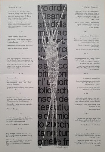 quadruplice pagina con testo stampato tipograficamente e acquaforte originale di Luciano Ragozzino