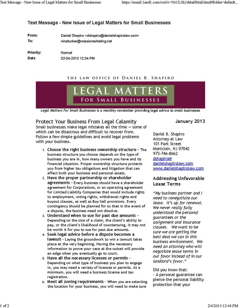 Monthly newsletter for attorney