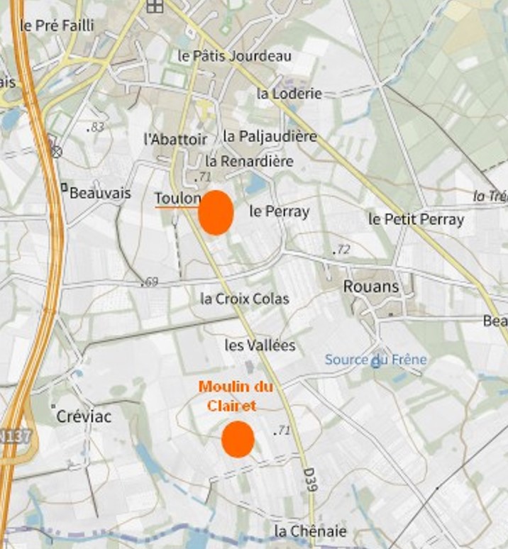                                                              Emplacement des moulins au sud de Nozay