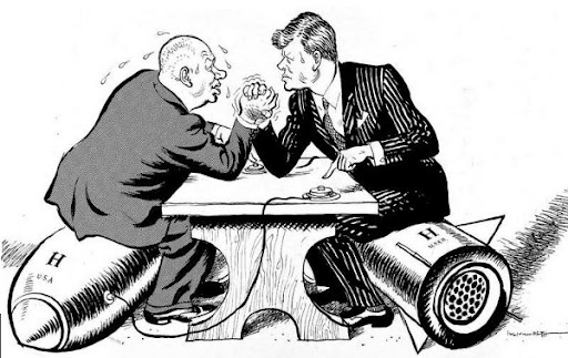  Caricature de Kroutchev ( URSS ) et Kennedy ( USA )  après la crise des missiles de Cuba 