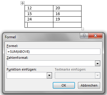 Tabellen in Word: Einfügen von Formeln