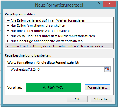 Excel: Bedingte Formatierung - neue Formatierungsregel