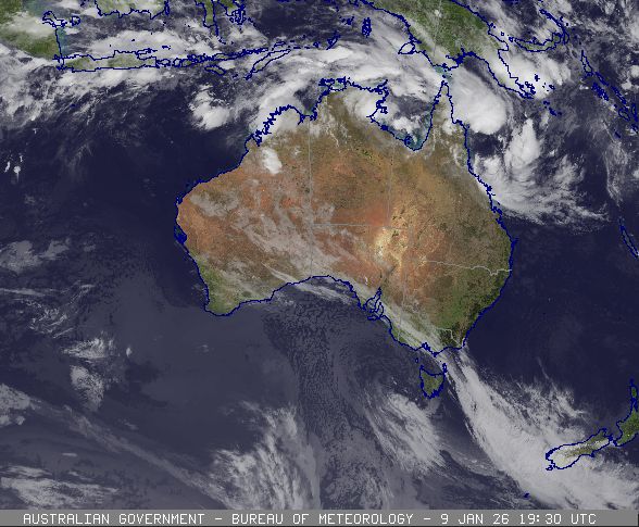 Satellite image showing a developing tropical low pressure system off far north Queensland, 10 January 2026. Image from www.bom.gov.au.