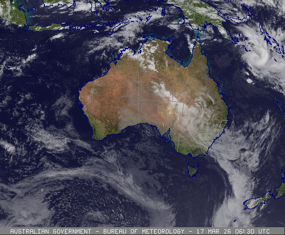 Satellite image of a tropical cyclone Narelle developing in the Coral Sea, 17/03/2026, from www.bom.gov.au.