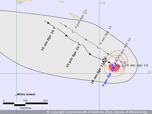 Track map of Tropical Cyclone Paul in the Coral Sea. April 11 2024. From www.bom.gov.au. 